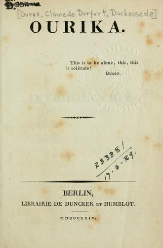 Claire de Duras: Ourika. (French language, 1824, Librairie de Duncker et Humblot)