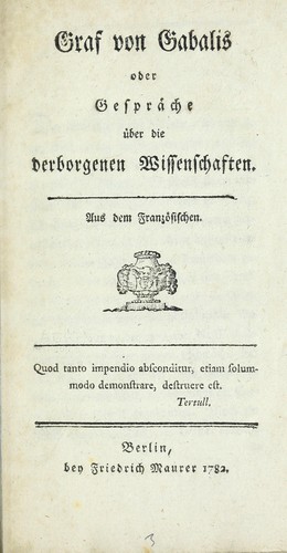 Villars abbé de: Graf von Gabalis, oder, Gespr©Þche ©ơber die verborgenen Wissenschaften (German language, 1782, Bey Friedrich Maurer)