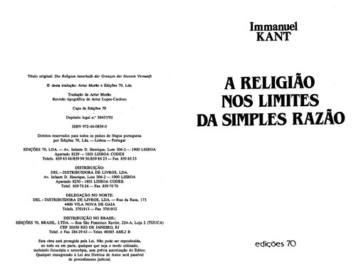 Immanuel Kant: A religião nos limites da simples razão (Portuguese language, 1992, Ed. 70)