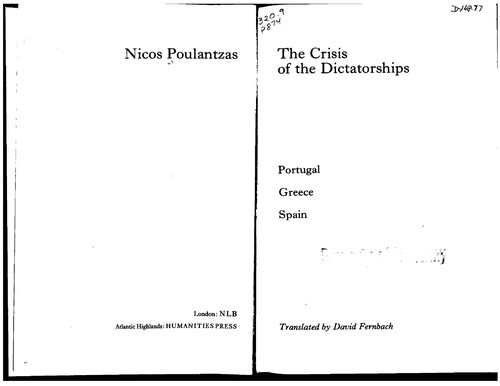 Nicos Ar Poulantzas: The crisis of the dictatorships (1976, NLB, Humanities Press)