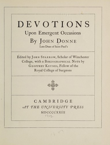 John Donne: Devotions upon emergent occasions (1923, University Press)