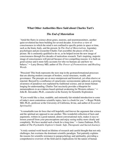 Charles T. Tart: The end of materialism (2009, Noetic Books, Institute of Noetic Sciences, New Harbinger Publications, Inc.)