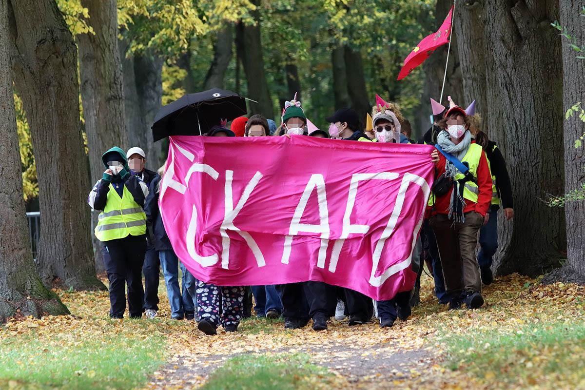 Das Foto von © kinkalitzken zeigt einige  Menschen mit Einhornhütchen und anderem Kopf und Gesichtsschmuck  hinter dem pinken Transparent mit dem Text "FCK AFD" Das Foto von © kinkalitzken zeigt einige  Menschen mit Einhornhütchen und anderem Kopf und Gesichtsschmuck  hinter dem pinken Transparent mit dem Text "FCK AFD"